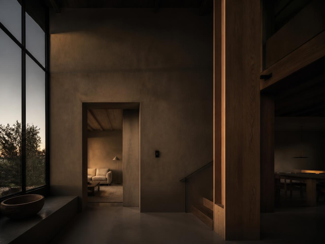 Interior of a residential renovation with timber framing and plastered walls.